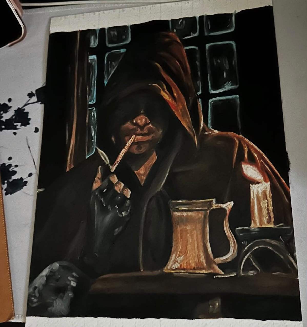 Painting of Strider, hooded, smoking a pipe in a dark corner of the Prancing Pony beside a tankard and a candle.